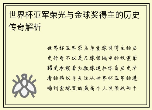 世界杯亚军荣光与金球奖得主的历史传奇解析