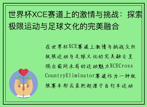 世界杯XCE赛道上的激情与挑战：探索极限运动与足球文化的完美融合